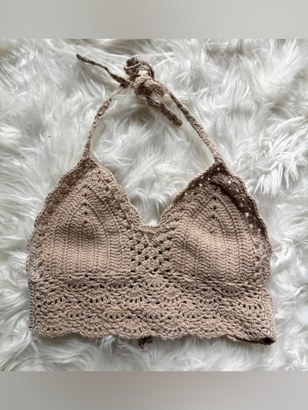 Crocheted Halter Bralette in Light Taupe